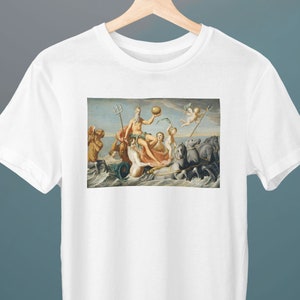 May include: White t-shirt with a print of a painting depicting a group of figures in a boat, including a man holding a trident and a globe. The figures are surrounded by water and clouds.