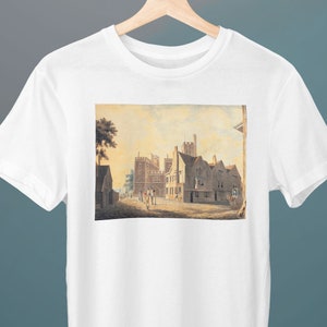 May include: A vintage illustration of a street scene with buildings and people walking. The buildings are in a light brown color with white trim. The people are wearing clothing from the 18th century.