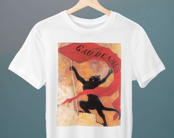 May include: White t-shirt with a black cat holding a red flag that says "Gaudeamus".