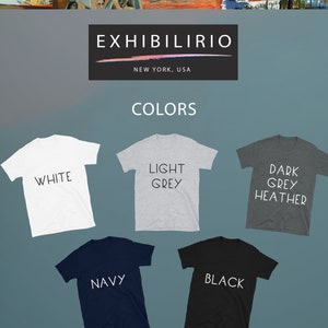 May include: Five t-shirts in different colours, including white, light grey, dark grey heather, navy, and black. The t-shirts are laid out on a blue background. The text "EXHIBILIRIO" and "NEW YORK, USA" are at the top of the image. The text "COLORS" is below the logo. Each t-shirt has the colour name printed on it in white.