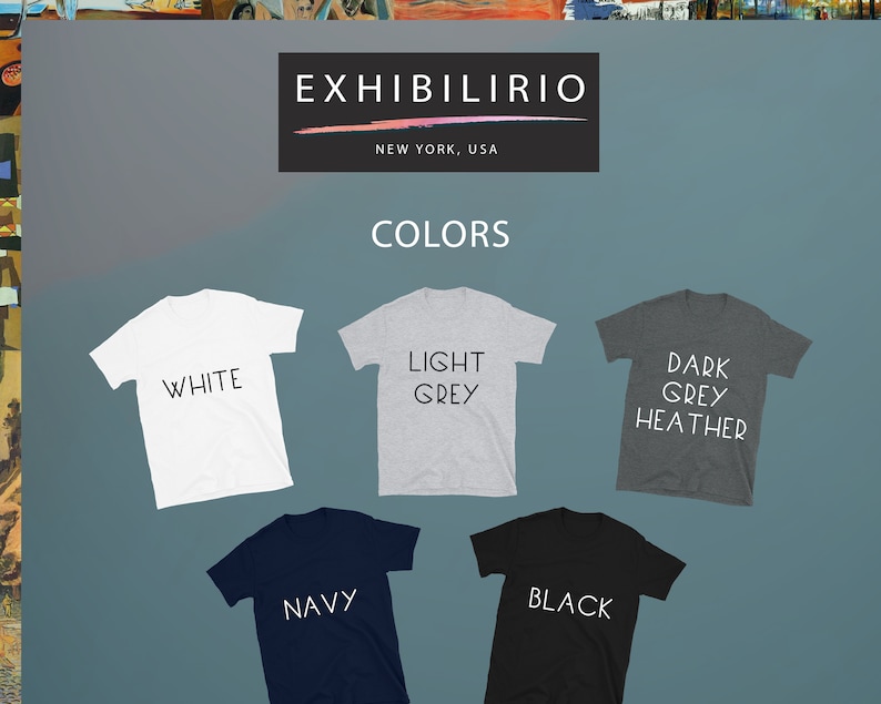 May include: Five t-shirts in different colours, including white, light grey, dark grey heather, navy, and black. The t-shirts are laid out on a blue background. The text "EXHIBILIRIO" and "NEW YORK, USA" are at the top of the image. The text "COLORS" is below the logo. Each t-shirt has the colour name printed on it in white.