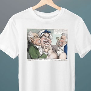 May include: A vintage cartoon illustration of a French dentist examining a patient's mouth. The dentist is holding a pair of tweezers and the patient is grimacing in pain. The caption reads "A French Dentist shewing a Specimen of his Artificial Teeth and false Palate."
