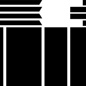 May include: Black and white abstract geometric design with three vertical rectangles and a series of horizontal lines at the top.