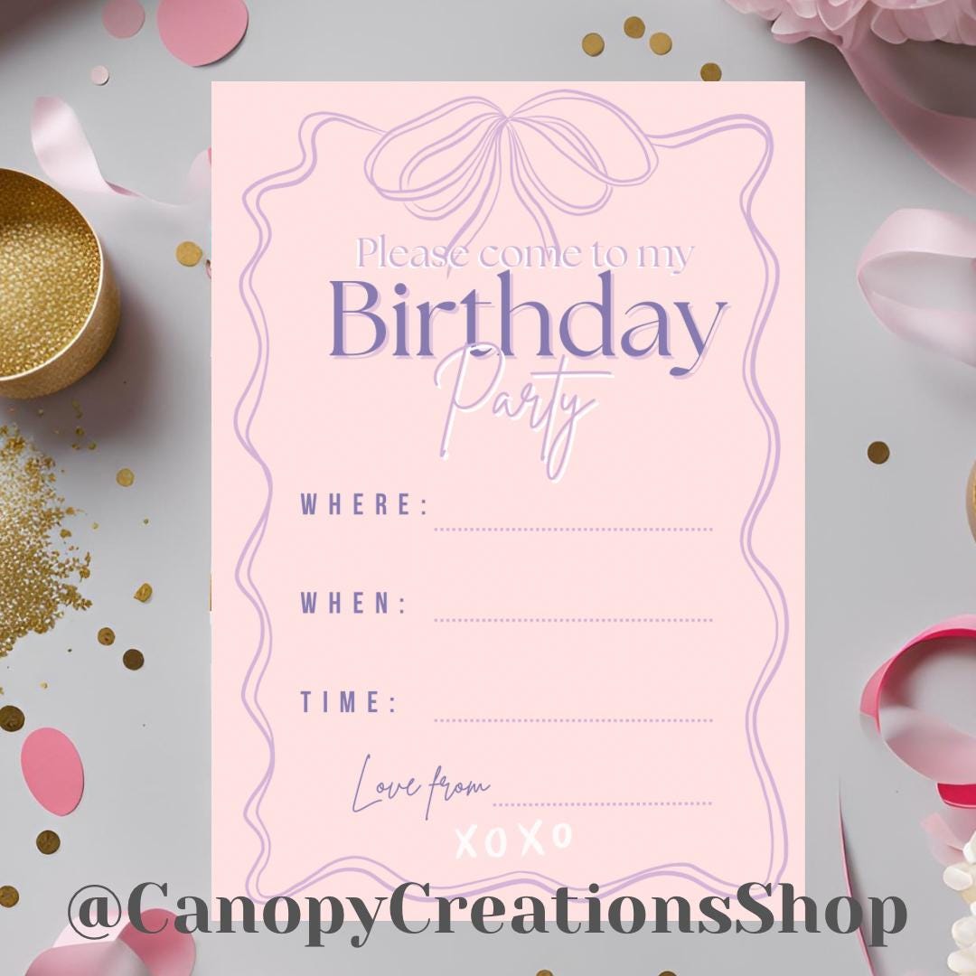 Cute Pink Bow Birthday Party Invitation - Girls Birthday Invite - Hand ...