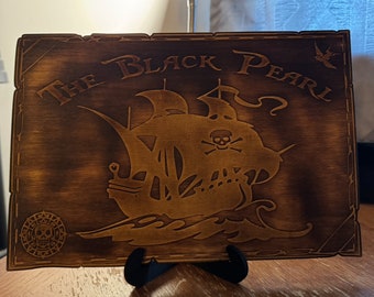 The Black Pearl burned wood sign with included Bonus Aztec Coin Replica Pirates of the Caribbean inspired