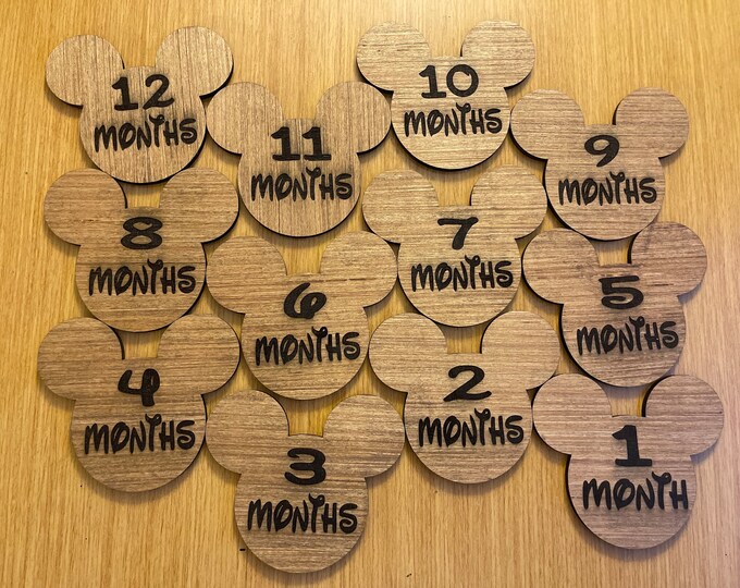 Mickey Monthly Baby MileStone Laser engraved and cut out, baby milestone banner, monthly photo banner, baby prop, Baby first year