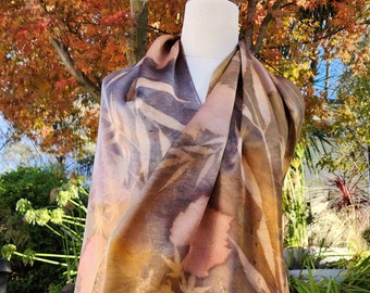 Eco print silk scarf. Botanically printed luxury silk scarf. Natural dyes.
