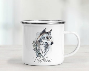 Personalised Wolf Enamel Mug - Custom Name Mug - Wolf Lover Gift - Nature Lover Gift