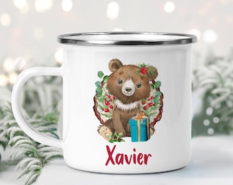 Christmas Enamel Mug - Baby Bear and Robin Mug - Personalised Enamel Mug