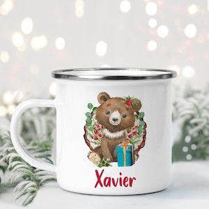 Christmas Enamel Mug Baby Bear and Robin Mug Personalised Enamel Mug image 1