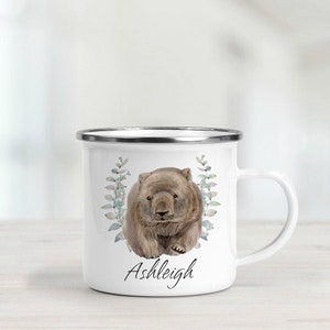 Personalised Wombat in Wreath Enamel Mug - Wombat Camping Mug