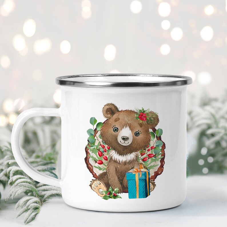Christmas Enamel Mug Baby Bear and Robin Mug Personalised Enamel Mug image 3