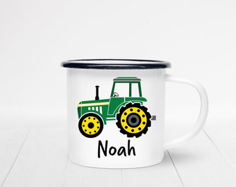Personalised Tractor Enamel Mug - Green Tractor Camping Mug