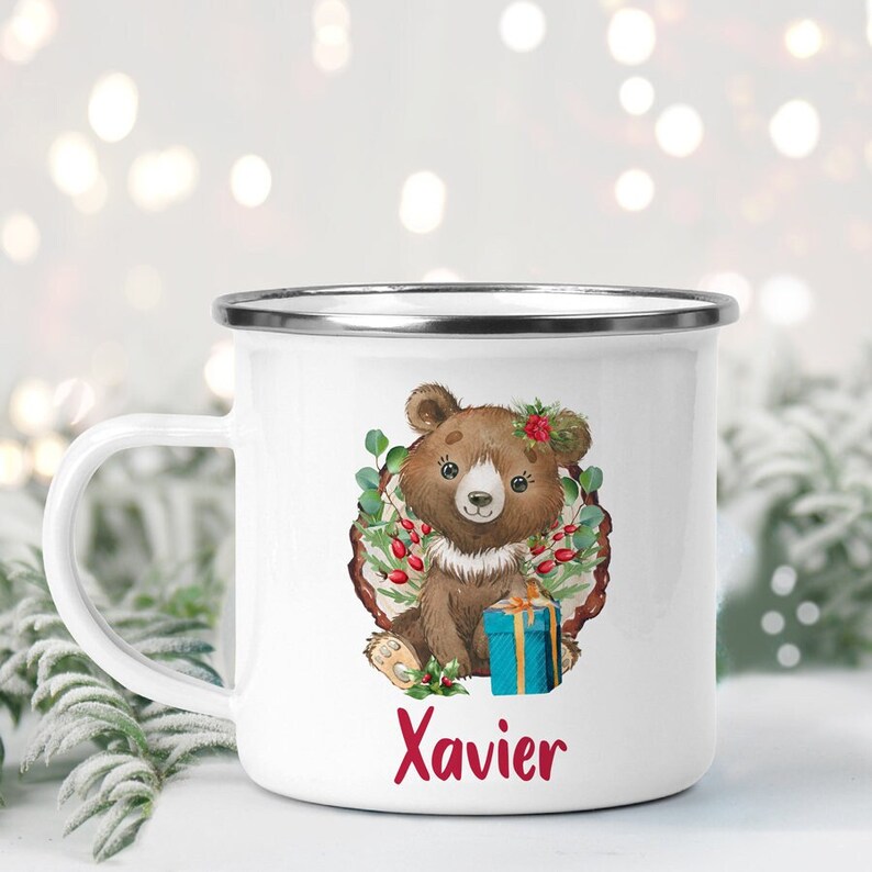 Christmas Enamel Mug Baby Bear and Robin Mug Personalised Enamel Mug image 1