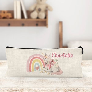 Personalised Linen Pencil Case - Unicorn with Rainbow