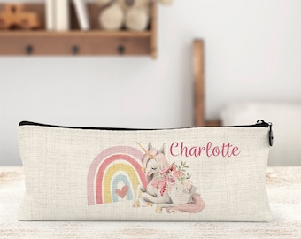 Personalised Linen Pencil Case - Unicorn with Rainbow