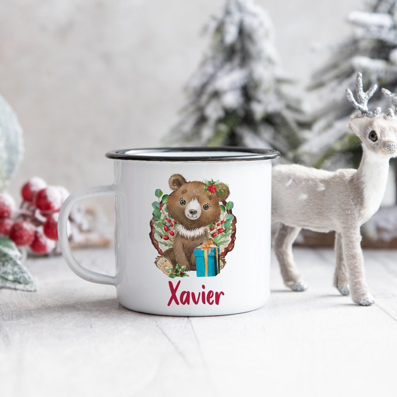 Christmas Enamel Mug Baby Bear and Robin Mug Personalised Enamel Mug image 2