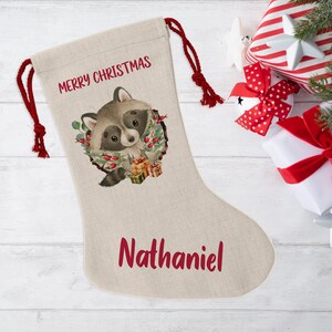 Personalised Christmas Stocking, Raccoon Stocking, Animal Christmas Stocking