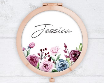 Personalised Compact Mirror - Pink and Blue Rose Blooms - Personalised Bridesmaid Gift