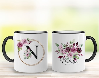 Pink Rose Bouquet with Initial & Name Mug - Personalised Mug