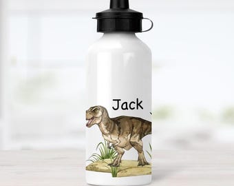 Gepersonaliseerde waterfles met T-Rex | Drinkfles met dinosaurusprint voor kinderen met eigen naam | Aluminium waterfles voor kinderen | Cadeau voor jongens voor de start van het schooljaar