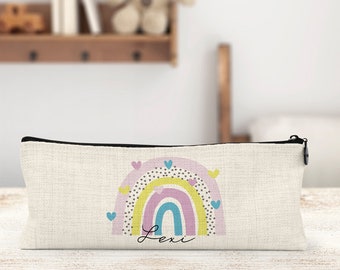 Astuccio personalizzato arcobaleno con cuori / Pochette per il trucco in lino con nome personalizzato / Regalo boho arcobaleno per ragazze / Astuccio estetico