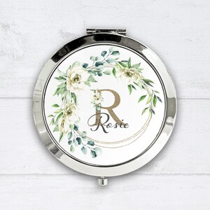 Personalised Compact Mirror - White Flowers, Personalised Bridesmaid Gift