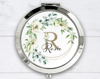Personalised Compact Mirror - White Flowers - Personalised Bridesmaid Gift