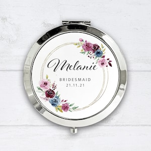 Personalisierter Taschenspiegel - Rosa und Blauer Rosenstrauß, personalisiertes Brautjungferngeschenk, Floraler Taschenspiegel