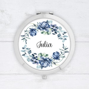 Personalised Compact Mirror - Blue Floral Wreath - Personalised Bridesmaid Gift