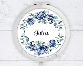 Personalised Compact Mirror - Blue Floral Wreath - Personalised Bridesmaid Gift