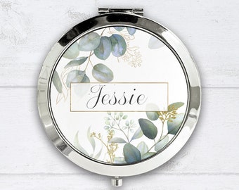 Personalised Compact Mirror Eucalyptus, Personalised Bridesmaid Gift