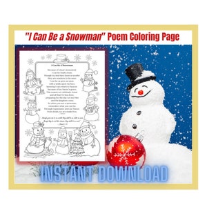 Christian Poem Coloring Page-&quot;I Can Be a Snowman&quot;  Children, Kids  Sunday School, Primary, Youth activity Coloring Sheet INSTANT DOWNLOAD