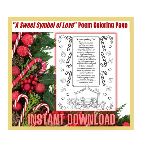 Candy Cane Original Poem Coloring Page-"A Sweet Symbol of Love"  Children, Kids  Sunday School, Primary, Youth activity INSTANT DOWNLOAD