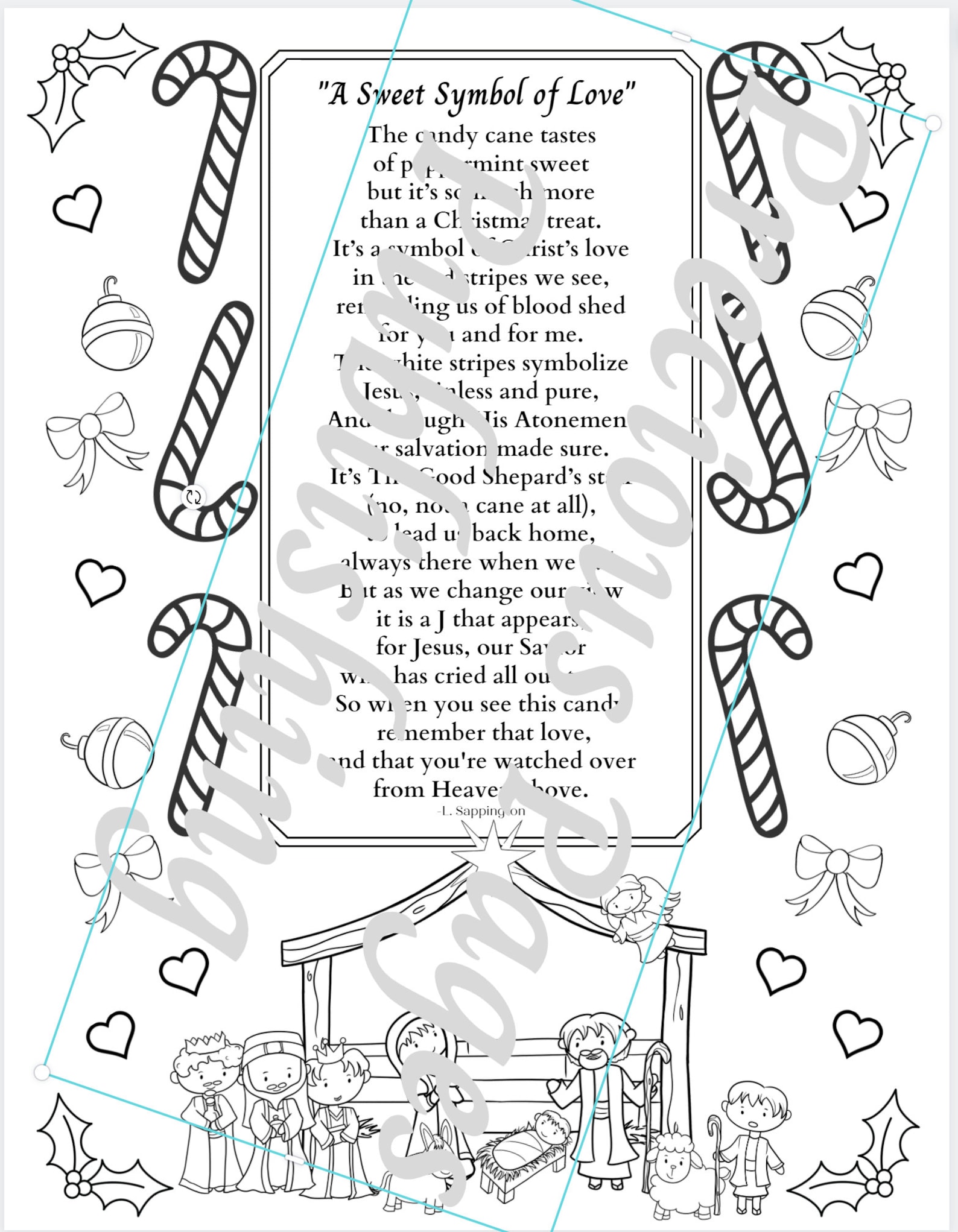 Candy Cane Original Poem Coloring Pagea Sweet Symbol of Love Children ...