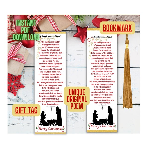 Legend of the Candy Cane Gift Tag & Bookmark Unique Original Poem- Christmas Silhouette Nativity INSTANT DOWNLOAD Party Favor, Gift