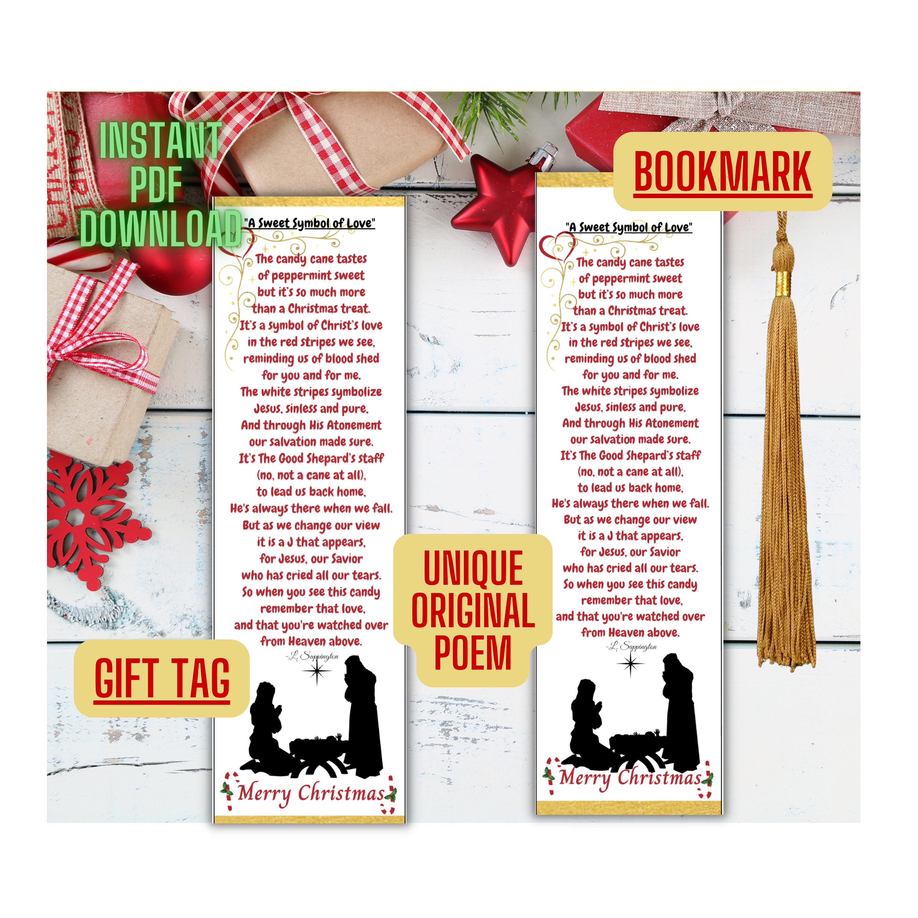 Legend of the Candy Cane Gift Tag & Bookmark Unique Original Poem ...