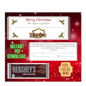 Coupon Christmas Gift & Candy Wrapper with Cute Nativity and Scripture- Hershey&#39;s Regular size 1.55oz. Christian Christmas INSTANT DOWNLOAD