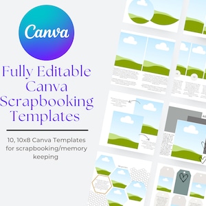 May include: Ten 10x8 inch Canva templates for scrapbooking or memory keeping. The templates feature a blue sky with white clouds and green hills. Some templates include text boxes and hearts.