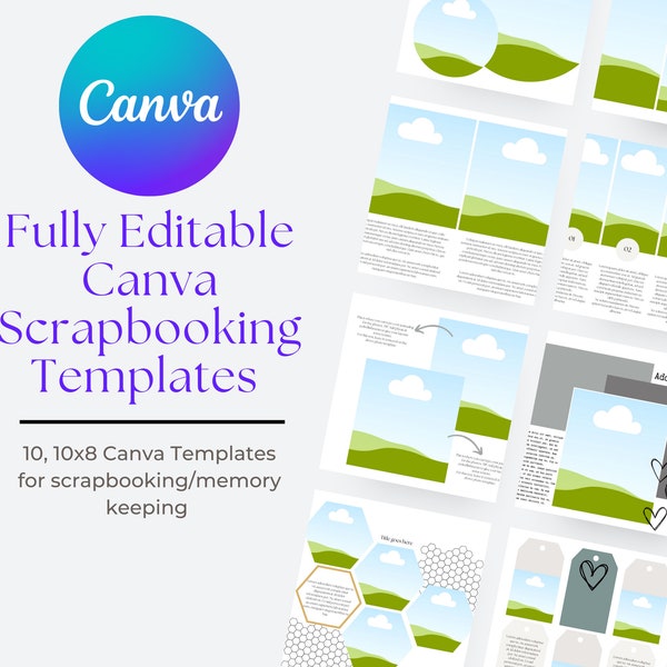 TEN 10x8 Editable Scrapbook Templates, Canva Scrapbook Template, Scrapbooking Template, Canva Digital Photo Collage