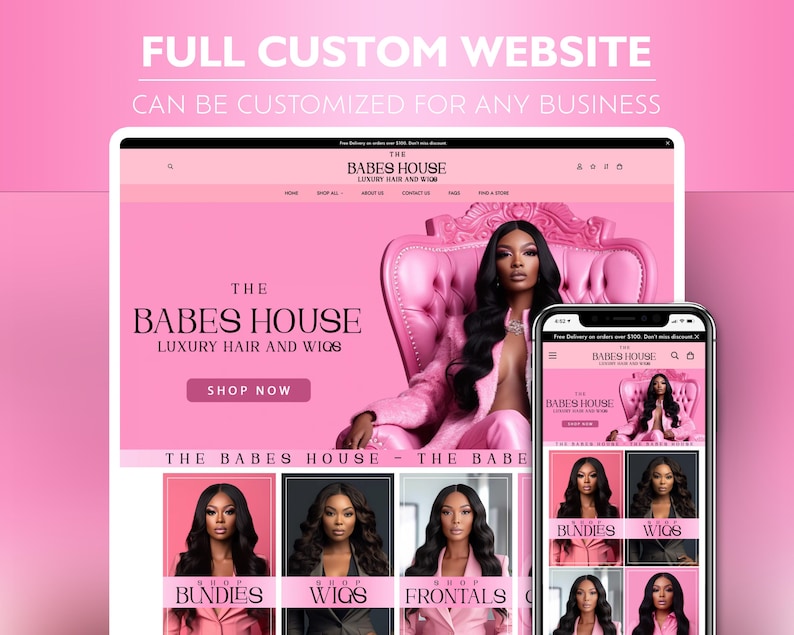 Puede incluir: Una p&aacute;gina de inicio de sitio web para una empresa de cabello y pelucas llamada "The Babes House". El sitio web presenta un esquema de color rosa y blanco y una foto de una mujer con una peluca larga y negra. El sitio web tambi&eacute;n incluye una llamada a la acci&oacute;n para "Comprar ahora".