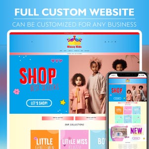 Puede incluir: Una p&aacute;gina de inicio de sitio web para una tienda de ropa para ni&ntilde;os llamada Klazzy Kids. El sitio web presenta un esquema de color azul brillante y rosa con una gran pancarta que dice "Shop Best Sellers" y un bot&oacute;n de llamada a la acci&oacute;n que dice "Let's Shop!" El sitio web tambi&eacute;n presenta una secci&oacute;n para "Nuestras colecciones" con im&aacute;genes de ropa para ni&ntilde;os.