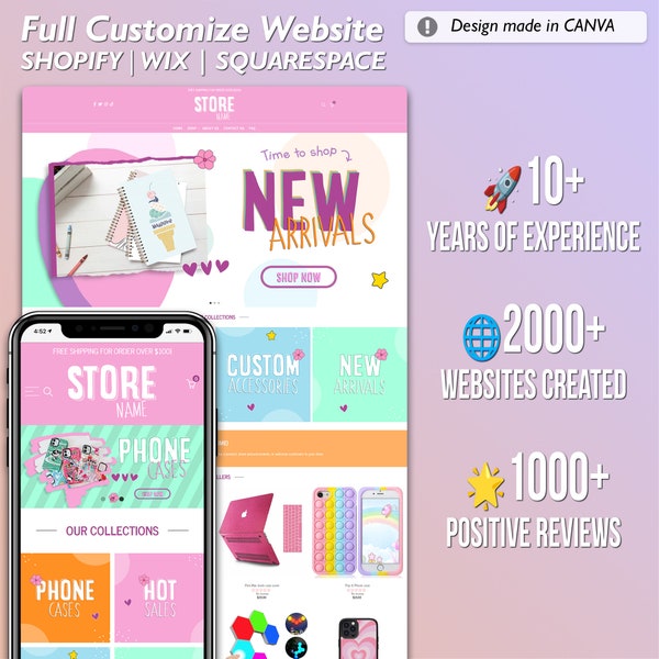Pink shopify design for biz, Canva editor, Canva sales page, Cosmetic website template, Custom wibsite banners, Elegant crisp business shop