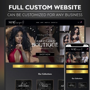 May include: A website design for a luxurious boutique fashion collection, displayed on a desktop and a mobile phone. The design uses a black and gold colour scheme and features images of lingerie. Text includes "FULL CUSTOM WEBSITE" and "CAN BE CUSTOMIZED FOR ANY BUSINESS."