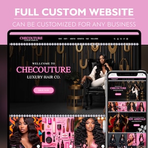 Puede incluir: Una p&aacute;gina de inicio de sitio web para una empresa de cabello de lujo llamada Checouture. El sitio web presenta un esquema de color negro y dorado con una gran imagen de banner de una mujer con cabello largo y fluido. El texto del banner dice "Bienvenido a Checouture Luxury Hair Co." e incluye un bot&oacute;n "Comprar ahora". El sitio web tambi&eacute;n presenta una secci&oacute;n con im&aacute;genes de diferentes productos para el cabello y una secci&oacute;n con im&aacute;genes de mujeres que usan diferentes peinados.
