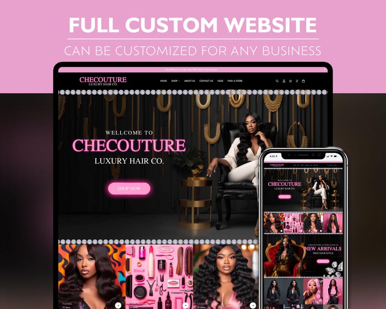 Puede incluir: Una p&aacute;gina de inicio de sitio web para una empresa de cabello de lujo llamada Checouture. El sitio web presenta un esquema de color negro y dorado con una gran imagen de banner de una mujer con cabello largo y fluido. El texto del banner dice "Bienvenido a Checouture Luxury Hair Co." e incluye un bot&oacute;n "Comprar ahora". El sitio web tambi&eacute;n presenta una secci&oacute;n con im&aacute;genes de diferentes productos para el cabello y una secci&oacute;n con im&aacute;genes de mujeres que usan diferentes peinados.