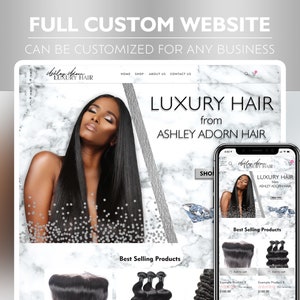 Può includere: Un design di sito web per "Ashley Adorn Hair" visualizzato su un tablet e uno smartphone. Il sito web presenta uno sfondo marmoreo, una foto di una donna con lunghi capelli neri e il testo "LUXURY HAIR". Il sito web è per un'azienda di prodotti per capelli.