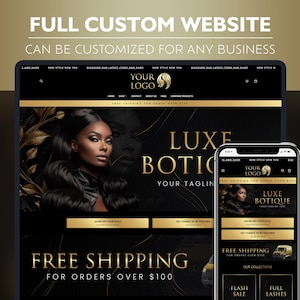 Puede incluir: Un dise&ntilde;o de sitio web negro y dorado para un negocio llamado "Luxe Boutique". El sitio web presenta un modelo con cabello negro largo y un fondo dorado. El texto "Env&iacute;o gratuito para pedidos superiores a 100 &euro;" se muestra en el sitio web.