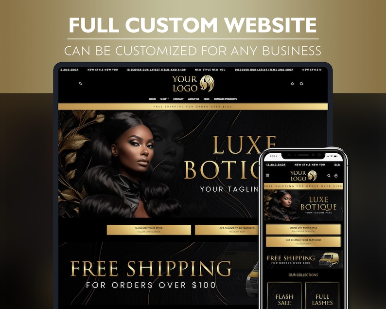 Puede incluir: Un dise&ntilde;o de sitio web negro y dorado para un negocio llamado "Luxe Boutique". El sitio web presenta un modelo con cabello negro largo y un fondo dorado. El texto "Env&iacute;o gratuito para pedidos superiores a 100 &euro;" se muestra en el sitio web.