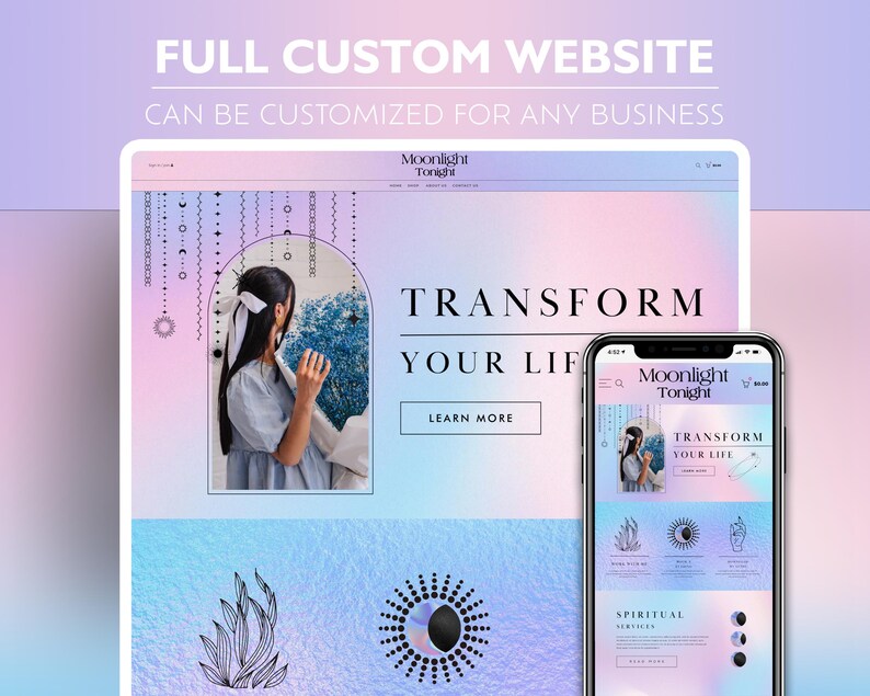 Puede incluir: Una maqueta de sitio web con un fondo degradado rosa y azul. El sitio web es para un negocio llamado "Moonlight Tonight" y presenta el texto "Transforma tu vida". El sitio web tambi&eacute;n incluye un bot&oacute;n de llamada a la acci&oacute;n que dice "M&aacute;s informaci&oacute;n".